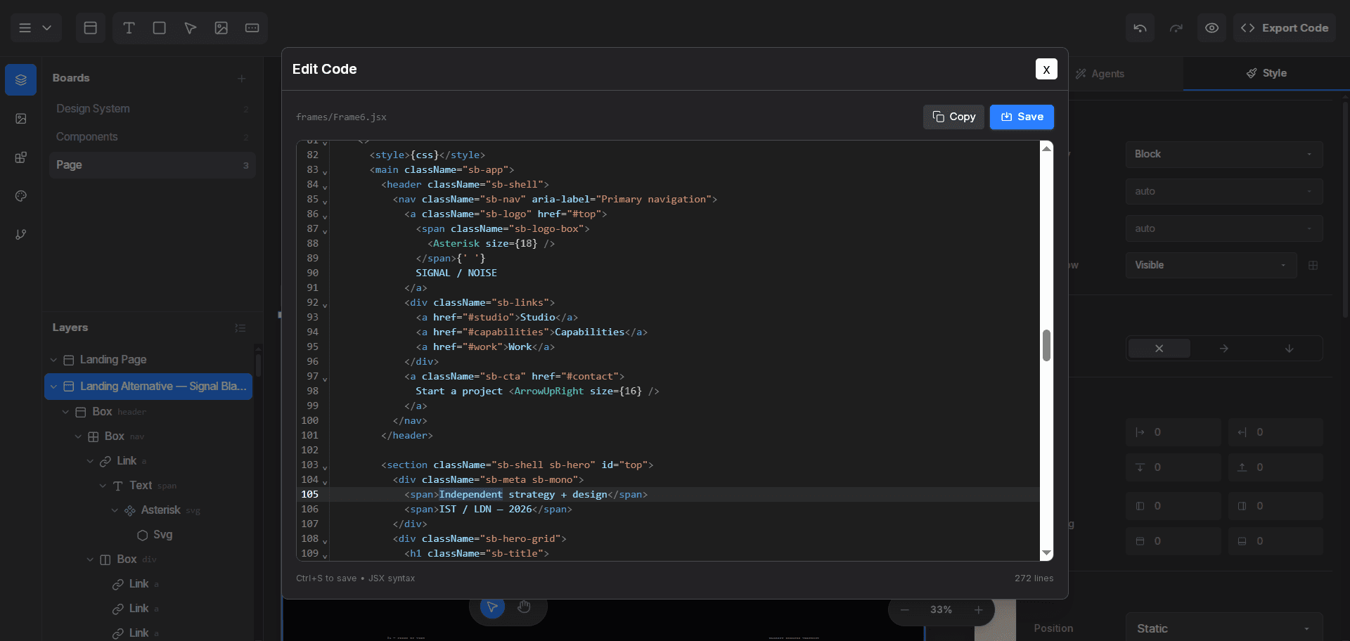 Visual Wizard Edit Code modal showing the source of a selected prototype frame