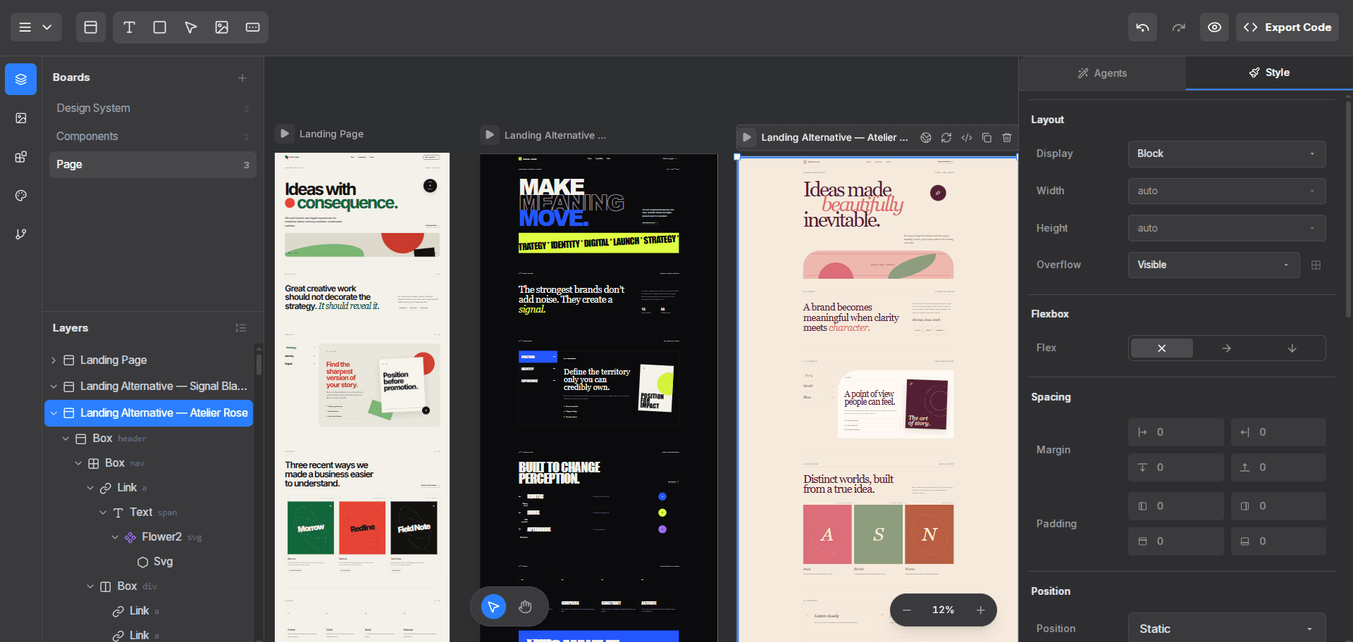 Visual Wizard canvas showing three working interface frames with Boards, Layers, and Style panels