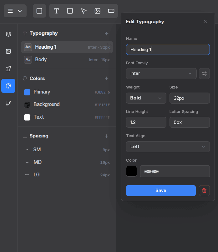 Visual Wizard design tokens panel with typography, color, and spacing tokens