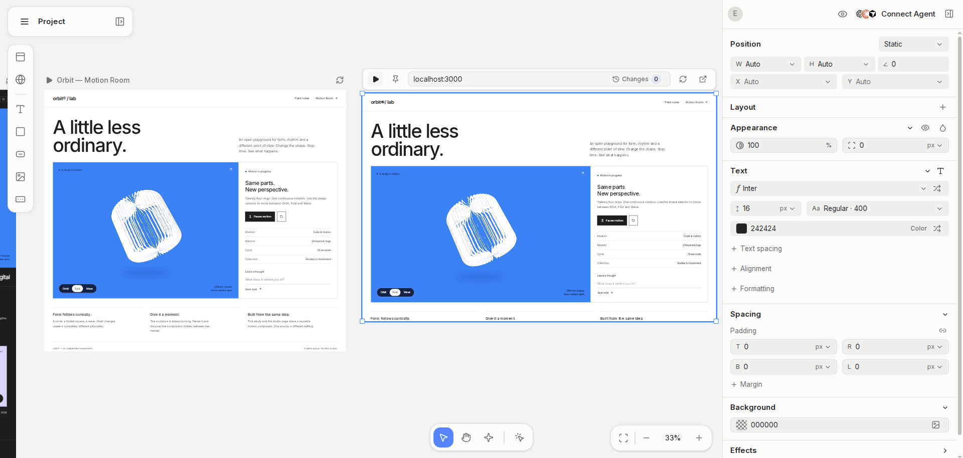 Motion Room in a selected Web Frame with a localhost:3000 address, beside its Design Frame.