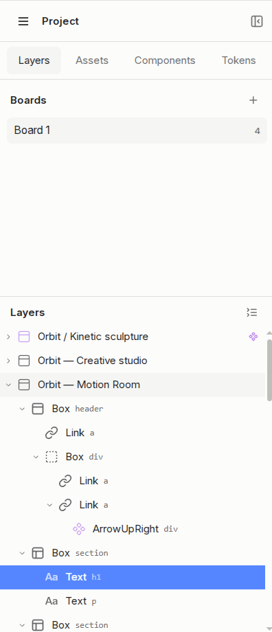 Expanded Motion Room layer tree with its h1 text layer selected.
