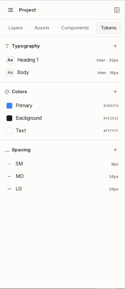 Tokens panel showing Heading 1 and Body typography styles, Primary, Background and Text colors, and SM, MD and LG spacing tokens.